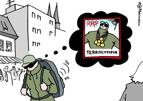 Cartoon: Terrolympia (medium) by Pfohlmann tagged karikatur,cartoon,2016,color,global,welt,terror,terrorismus,is,islamischer,staat,olympia,brasilien,rio,olympiade,attentate,attentat,anschlag,anschläge,terroranschläge,rucksack,selbstmordattentäter,traum,anerkennung,medaille,ruhm,berühmt,held,star,karikatur,cartoon,2016,color,global,welt,terror,terrorismus,is,islamischer,staat,olympia,brasilien,rio,olympiade,attentate,attentat,anschlag,anschläge,terroranschläge,rucksack,selbstmordattentäter,traum,anerkennung,medaille,ruhm,berühmt,held,star