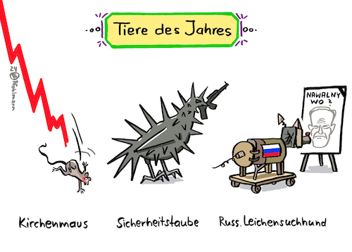 Cartoon: Tiere des Jahres (medium) by Pfohlmann tagged tiere,friedenstaube,taube,sicherheitskonferenz,krieg,russland,ukraine,gaza,israel,hamas,gewalt,armut,absturz,inflation,preise,lebenshaltungskosten,teuer,nawalny,hund,leiche,leichnam,toter,putin,opposition,vertuschung,kreml,tiere,friedenstaube,taube,sicherheitskonferenz,krieg,russland,ukraine,gaza,israel,hamas,gewalt,armut,absturz,inflation,preise,lebenshaltungskosten,teuer,nawalny,hund,leiche,leichnam,toter,putin,opposition,vertuschung,kreml