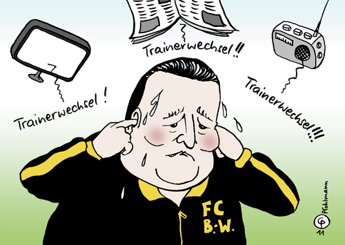 Cartoon: Trainerwechsel (medium) by Pfohlmann tagged trainer,bundesliga,fußball,mappus,baden,württemberg,landtagswahlen,cdu,schwarz,gelb,ministerpräsident,trainerwechsel,bundesliga,fußball,mappus,württemberg,landtagswahlen,schwarz,ministerpräsident,trainerwechsel,wahlen