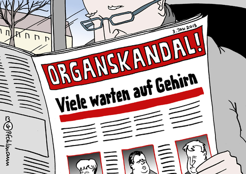 Cartoon: Transplantation Warteliste (medium) by Pfohlmann tagged karikatur,cartoon,color,farbe,2013,deutschland,transplantation,organspende,klinik,leipzig,skandal,gehirn,hirn,politiker,merkel,gabriel,seehofer,zeitung,meldung,nachricht,medizin,transplantationsmedizin,warten,warteliste,patienten,karikatur,cartoon,color,farbe,2013,deutschland,transplantation,organspende,klinik,leipzig,skandal,gehirn,hirn,politiker,merkel,gabriel,seehofer,zeitung,meldung,nachricht,medizin,transplantationsmedizin,warten,warteliste,patienten