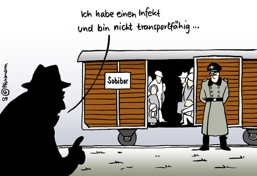 Cartoon: Transportunfähig (medium) by Pfohlmann tagged demjanjuk,kz,konzentrationslager,sobibor,nazi,nationalsozialismus,ns,kriegsverbrecher,prozess,transportunfähig,anklage,mord,demjanjuk,kz,konzentrationslager,sobibor,nazi,nationalsozialismus,ns,kriegsverbrecher,prozess,transportunfähig,anklage,mord