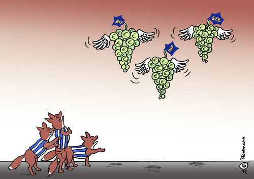 Cartoon: Trauben für Griechenland (medium) by Pfohlmann tagged karikatur,color,farbe,2012,griechenland,greece,trauben,fuchs,füchse,fabel,weintrauben,iwf,ezb,sparpaket,hilfe,hilfsprogramm,eu,europa,sparen,sparprogramm,reformen,maßnahmen,kredite,schulden,schuldenkrise,insolvenz,pleite,zahlungsunfähigkeit,2012,griechenland,ezb,iwf,sparpaket