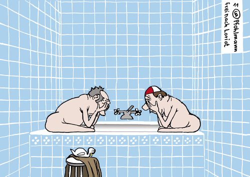 Cartoon: Trauer um Loriot (medium) by Pfohlmann tagged karikatur,color,farbe,deutschland,loriot,vicco,von,bülow,tod,herren,im,bad,cartoon,badewanne,ente,humor,satire,komik,komiker,zeichner,karikaturist,humorist,müller,lüdenscheid,streit,loriot,deutschland,tod,komiker,von bülow,von,bülow