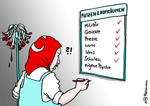 Cartoon: Türkei putzen (medium) by Pfohlmann tagged presse,gerichte,militär,alleinherrscher,autoritär,narzisst,narzissmus,präsident,erdogan,psyche,liste,fahne,flagge,kopftuch,reinigungskraft,putzfrau,aufräumen,putzen,säuberungen,säuberung,säubern,türkei,farbe,color,2016,cartoon,karikatur,wischmop,diktatur,alleinherrschaft,psychologie,ausnahmezustand,verhaftungen,entlassungen,schließungen,schulen,unis,www,medien,karikatur,cartoon,2016,color,farbe,türkei,säubern,säuberung,säuberungen,putzen,aufräumen,putzfrau,reinigungskraft,kopftuch,flagge,fahne,liste,psyche,erdogan,präsident,narzissmus,narzisst,autoritär,alleinherrscher,militär,gerichte,presse,medien,www,unis,schulen,schließungen,entlassungen,verhaftungen,ausnahmezustand,psychologie,alleinherrschaft,diktatur,wischmop