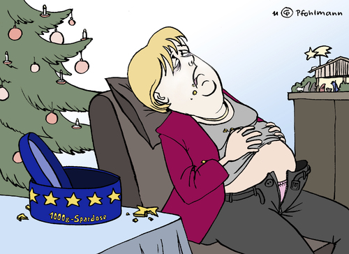 Cartoon: Uarps! (medium) by Pfohlmann tagged karikatur,col,farbe,2011,deutschland,merkel,weihnachten,europa,euro,eurokrise,schuldenkrise,eu,bundeskanzlerin,plätzchen,kekse,sterne,keksdose,plätzchendose,krippe,christbaum,weihnachtsbaum,überfressen,bauchweh,bauchschmerzen,deutschland,merkel,weihnachten,europa,eurokrise,schuldenkrise,bundeskanzlerin,2011