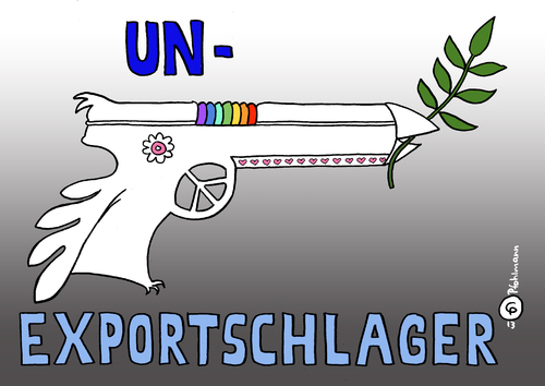 Cartoon: UN-Waffenschlager (medium) by Pfohlmann tagged karikatur,cartoon,color,farbe,2013,un,waffenexport,waffen,waffe,pistole,vertrag,regelung,abkommen,waffenhandel,vereinte,nationen,kontrolle,waffenlieferungen,einigung,rüstungskontrolle,frieden,peace,taube,ölzweig,menschenrechte,karikatur,cartoon,color,farbe,2013,un,waffenexport,waffen,waffe,pistole,vertrag,regelung,abkommen,waffenhandel,vereinte,nationen,kontrolle,waffenlieferungen,einigung,rüstungskontrolle,frieden,peace,taube,ölzweig,menschenrechte