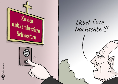 Cartoon: Unbarmherzige Schwestern (medium) by Pfohlmann tagged karikatur,cartoon,color,farbe,2018,deutschland,csu,seehofer,asyl,asylpolitik,abschiebungen,innenminister,flüchtlinge,flüchtling,flüchtlingspolitik,union,cdu,streit,schwestern,fraktionsgemeinschaft,schäuble,bundestagspräsident,vermittler,kloster,unbarmherzig,klingel,vermittlung,konflikt,bruch,große,koalition,regierung,karikatur,cartoon,color,farbe,2018,deutschland,csu,seehofer,asyl,asylpolitik,abschiebungen,innenminister,flüchtlinge,flüchtling,flüchtlingspolitik,union,cdu,streit,schwestern,fraktionsgemeinschaft,schäuble,bundestagspräsident,vermittler,kloster,unbarmherzig,klingel,vermittlung,konflikt,bruch,große,koalition,regierung