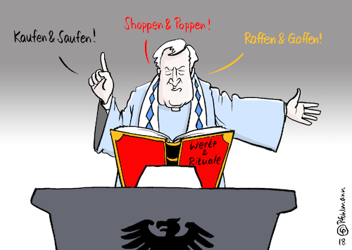 Cartoon: Unsere Rituale (medium) by Pfohlmann tagged karikatur,cartoon,color,farbe,2018,deutschland,seehofer,innenminister,heimatminister,islam,spaltung,werte,gesellschaft,kaufen,saufen,shoppen,poppen,raffen,gaffen,christentum,christlich,prägung,geprägt,karikatur,cartoon,color,farbe,2018,deutschland,seehofer,innenminister,heimatminister,islam,spaltung,werte,gesellschaft,kaufen,saufen,shoppen,poppen,raffen,gaffen,christentum,christlich,prägung,geprägt