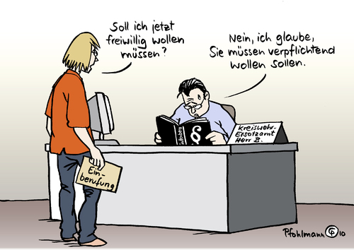 Cartoon: Wehrpflicht-Reform (medium) by Pfohlmann tagged bundeswehr,wehrpflicht,reform,zu,guttenberg,deutschland,wehrpflicht,reform,deutschland,guttenberg,bundeswehr,militär