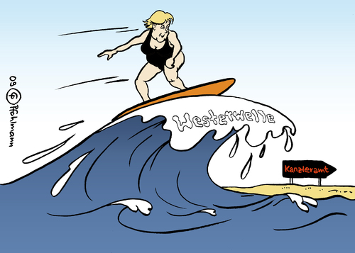 Cartoon: Westerwelle (medium) by Pfohlmann tagged westerwelle,merkel,bundeskanzlerin,bundestagswahl,welle,surfen,surfbrett,kanzleramt,guido westerwelle,angela merkel,bundeskanzlerin,bundeskanzler,welle,surfen,surfbrett,kanzleramt,wahl,wahlen,bundestagswahlen,guido,westerwelle,angela,merkel