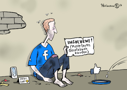 Cartoon: Zuckerberg insolvent (medium) by Pfohlmann tagged karikatur,cartoon,color,farbe,2017,deutschland,netzwerkdurchsetzungsgesetz,hass,internet,facebook,zuckerberg,insolvent,insolvenz,gesetze,gesetzbuch,hate,hatespeach,fake,news,hetze,www,soziale,medien,like,geschäftsmodell,algorithmen,bettler,karikatur,cartoon,color,farbe,2017,deutschland,netzwerkdurchsetzungsgesetz,hass,internet,facebook,zuckerberg,insolvent,insolvenz,gesetze,gesetzbuch,hate,hatespeach,fake,news,hetze,www,soziale,medien,like,geschäftsmodell,algorithmen,bettler