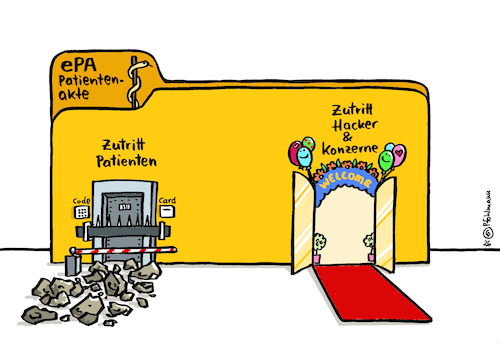 Cartoon: Zutritt ePA (medium) by Pfohlmann tagged patientenakte,digitalisierung,zutritt,daten,bigdata,konzerne,datenschutz,hacker,patienten,gesundheitssystem,ccc,it,login,patientenakte,digitalisierung,zutritt,daten,bigdata,konzerne,datenschutz,hacker,patienten,gesundheitssystem,ccc,it,login