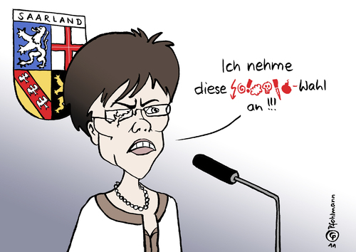 Cartoon: Zweite Wahl (medium) by Pfohlmann tagged karikatur,color,farbe,2011,deutschland,saarland,bundesland,bundesländer,wahl,ministerpräsident,ministerpräsidentin,kramp,karrenbauer,cdu,koalition,jamaika,wahlgang,zweiter,wappen,bundesland,bundesländer,wahl,wahlen,ministerpräsident,saarland,ministerpräsidentin,karrenbauer,wechsel,peter müller,cdu,jamaika,koalition,annegret kramp,grüne,fdp,wahlgang,abweichler,saarbrücken,peter,müller,annegret,kramp