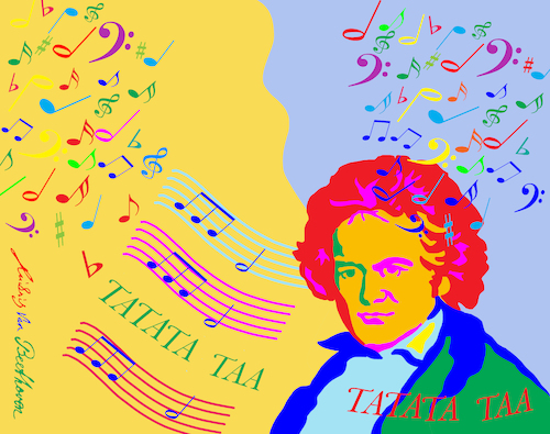 Cartoon: Beethoven (medium) by sabine voigt tagged beethoven,musik,neunte,symphonie,jubiläum,bonn,post,ode,an,die,freude,orchester,klavier,klassik,symphoniker,streicher,bläser