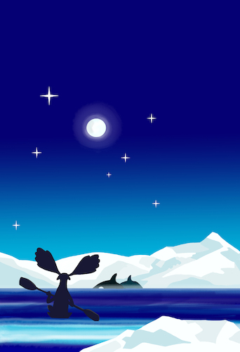 Cartoon: Elch im Norden (medium) by sabine voigt tagged umwelt,klima,erwärmung,naturschutz,elch,russland,schweden,nordpool,orka,gefahr,rudern,tiere,natur,meer,eis