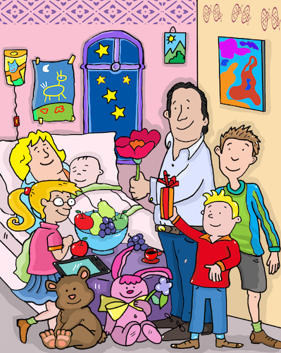 Cartoon: Geburt Familie (medium) by sabine voigt tagged wimmelbild,krankenhaus,hospital,kinderkrankenhaus,geburt,baby,krank,gesund,therapie,operation,clown,notaufnahme,unfall,anmeldung,gips,rollstuhl,geriatrie,op,radiologie,patient,krankenkasse