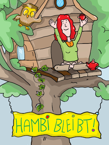Cartoon: Hambach Wald (medium) by sabine voigt tagged wald,klima,naturschutz,umweltzerstörung,hambach,rodung,rwe,energie,baumhaus,kohle,abholzen,bäume,umweltschutz,besetzung