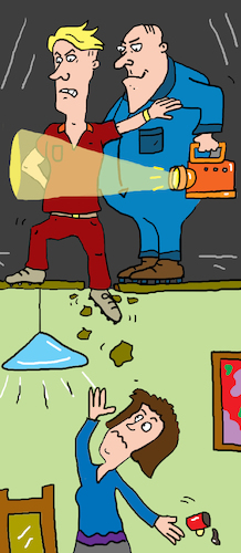 Cartoon: handwerker dachboden (medium) by sabine voigt tagged handwerker,dachboden,baustelle,immobilie,wohnen,unfall,versicherung,haftpflicht,dachgeschoss,decke,mieter,vermieter,dachdecker