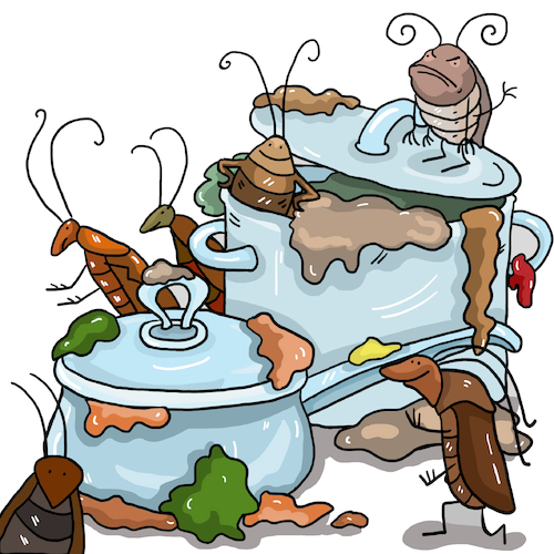 Cartoon: Insekten Ungeziefer (medium) by sabine voigt tagged kakerlaken,insekten,schmutz,verwahrlosung,küche,ddreck,hygiene,gesundheit,gesundheitsamt,schädlinge,kammerjäger,ungeziefer