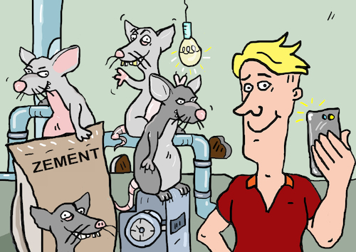 Cartoon: Ratten Schädlinge (medium) by sabine voigt tagged ratten,schädlinge,ungeziefer,selfie,selfy,plage,kammerjäger,dreck,keller