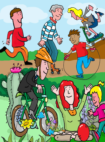 Cartoon: sport (medium) by sabine voigt tagged prävention,bewegung,gesundheit,wellness,therapie,fahrrad,fitness,outdoor,roller