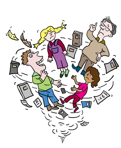 Cartoon: Stressspirale (medium) by sabine voigt tagged stressspirale,stress,arbeit,multitasking,burnout,büro,computer,tarif,gewerkschaft,überforderung