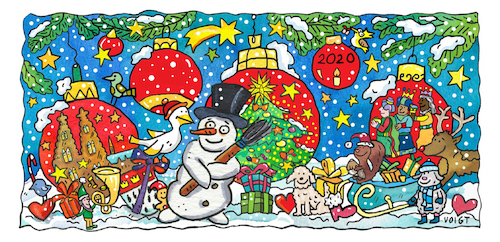 Cartoon: Weihnachten Weihnachtskarte (medium) by sabine voigt tagged weihnachten,weihnachtskarte,weihnachtsmarkt,jesus,geschenke,fest,winter,schnee,tasse,weihnachtsmann,schlitten,schneemann,tannenbaum