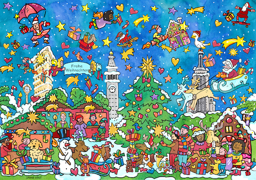 Cartoon: Wimmelbild Frohe Weihnachten (medium) by sabine voigt tagged wimmelbild,weihnachten,weihnachtsmarkt,new,york,winter,stände,markt,schnee,feiertage,weihnachtsmann,schlitten,geschenke,tannenbaum