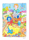 Cartoon: Spielzeug (small) by sabine voigt tagged spielzeug,geschenke,konsum,kinderzimmer,erziehung,eltern,baby,erstausstattung,mutter,socken,spiel,kreativität,überdosis,überreizung,massenware,verzicht,kind