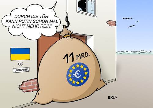 Cartoon: 11 Milliarden (medium) by Erl tagged ukraine,machtwechsel,russland,putin,krim,besetzung,militär,eu,hilfe,geld,elf,milliarden,euro,barriere,tür,fenster,haus,ukraine,machtwechsel,russland,putin,krim,besetzung,militär,eu,hilfe,geld,elf,milliarden,euro,barriere,tür,fenster,haus