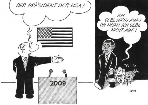 Cartoon: 2009 (medium) by Erl tagged usa,obama,clinton,usa,barack,obama,hillary,clinton,aufgabe,präsidentschaftskandidat,demokraten,2009,wahlen,realisation,energisch,verzweifelt,amerika,gewonnen,mehrheit,schwarz,minderheit,barack obama,hillary clinton