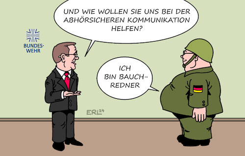 Cartoon: Abhörsicherheit (medium) by Erl tagged politik,bundeswehr,konferenz,videokonferenz,diskussion,lieferung,taurus,marschflugkörper,ukraine,einsatz,krieg,russland,abhören,veröffentlichung,bundeskanzler,olaf,scholz,aufklärung,verbesserung,abhörsicherheit,soldat,bauchredner,verteidigungsminister,boris,pistorius,karikatur,erl,politik,bundeswehr,konferenz,videokonferenz,diskussion,lieferung,taurus,marschflugkörper,ukraine,einsatz,krieg,russland,abhören,veröffentlichung,bundeskanzler,olaf,scholz,aufklärung,verbesserung,abhörsicherheit,soldat,bauchredner,verteidigungsminister,boris,pistorius,karikatur,erl