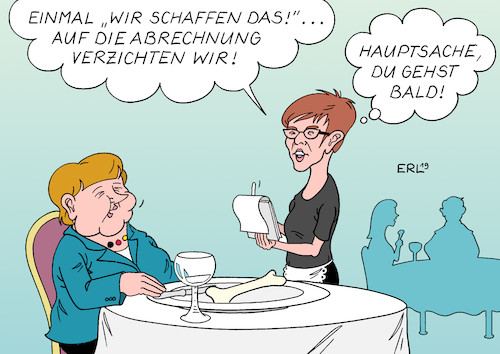 Cartoon: Abrechnung (medium) by Erl tagged politik,cdu,gespräche,flüchtlingspolitik,angela,merkel,aufnahme,flüchtlinge,asyl,kritik,konservative,erstarken,afd,verlust,wählerstimmen,annegret,kramp,karrenbauer,verzicht,abrechnung,essen,restaurant,karikatur,erl,politik,cdu,gespräche,flüchtlingspolitik,angela,merkel,aufnahme,flüchtlinge,asyl,kritik,konservative,erstarken,afd,verlust,wählerstimmen,annegret,kramp,karrenbauer,verzicht,abrechnung,essen,restaurant,karikatur,erl