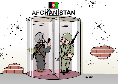 Cartoon: Abzug aus Afghanistan (medium) by Erl tagged politik,afghanistan,anschläge,11,septemper,world,trade,center,usa,nato,deutschland,krieg,vertreibung,taliban,besetzung,scheitern,förderung,demokratie,menschenrechte,gleichberechtigung,frieden,abzug,rückkehr,islamismus,terrorismus,drehtür,soldat,auslandseinsatz,karikatur,erl,politik,afghanistan,anschläge,11,septemper,world,trade,center,usa,nato,deutschland,krieg,vertreibung,taliban,besetzung,scheitern,förderung,demokratie,menschenrechte,gleichberechtigung,frieden,abzug,rückkehr,islamismus,terrorismus,drehtür,soldat,auslandseinsatz,karikatur,erl