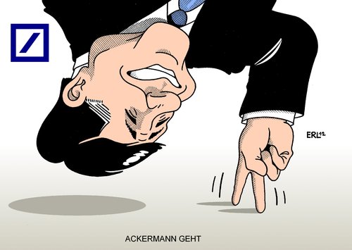 Cartoon: Ackermann geht (medium) by Erl tagged deutsche,bank,chef,vorstand,vorsitz,vorstandsvorsitzender,manager,amtszeit,ende,victory,zeichen,victoryzeichen,abschied,bilanz,investnmentbanking,geld,finanzen,deutsche bank,amtszeit,ackermann,deutsche,bank