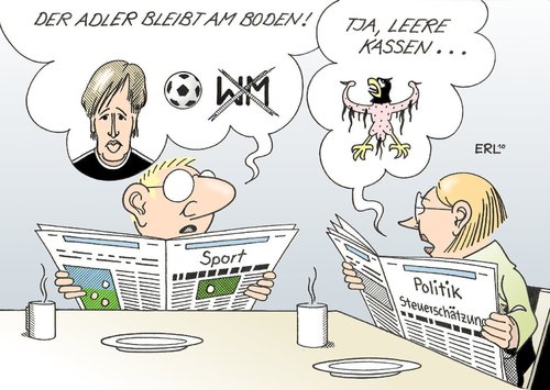 Cartoon: Adler (medium) by Erl tagged adler,rene,fußball,torhüter,tor,nationalmannschaft,wm,verletzung,absage,steuerschätzung,steuerausfall,kasse,leer,bundesadler,fliegen,adler,rene,fußball,fussball,nationalmannschaft,wm,verletzung,absage,steuerschätzung,steuerausfall,kasse,bundesadler,fliegen,sport