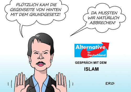 Cartoon: AfD Islam (medium) by Erl tagged afd,partei,rechtspopulismus,islamfeindlichkeit,gespräch,islam,grundgesetz,religionsfreiheit,abbruch,karikatur,erl,afd,partei,rechtspopulismus,islamfeindlichkeit,gespräch,islam,grundgesetz,religionsfreiheit,abbruch,karikatur,erl