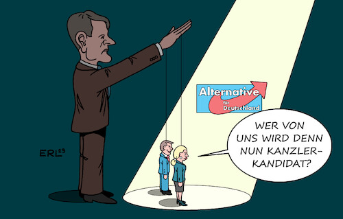 Cartoon: AfD Kanzlerkandidat (medium) by Erl tagged politik,partei,afd,rechtsextremismus,rechtspopulismus,parteitag,vorsitzender,tino,chrupalla,vorsitzende,alice,weidel,umfragen,rekord,wählerstimmen,ambitionen,kanzleramt,kanzlekandidatur,graue,eminenz,fäden,hintergrunf,björn,höcke,rechtsextremist,flügel,marionetten,karikatur,erl,politik,partei,afd,rechtsextremismus,rechtspopulismus,parteitag,vorsitzender,tino,chrupalla,vorsitzende,alice,weidel,umfragen,rekord,wählerstimmen,ambitionen,kanzleramt,kanzlekandidatur,graue,eminenz,fäden,hintergrunf,björn,höcke,rechtsextremist,flügel,marionetten,karikatur,erl