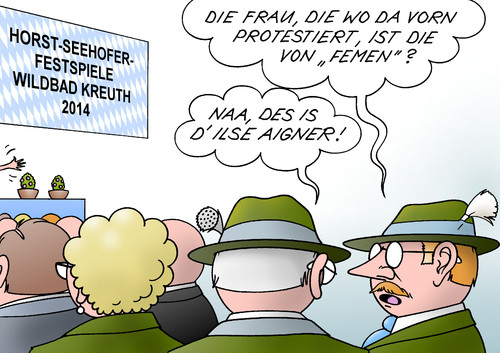 Cartoon: Aigner Seehofer (medium) by Erl tagged csu,klausur,wildbad,kreuth,energiewende,kosten,schulden,streit,ministerpräsident,horst,seehofer,wirtschaftsministerin,ilse,aigner,protest,femen,bayern,karikatur,erl,csu,klausur,wildbad,kreuth,energiewende,kosten,schulden,streit,ministerpräsident,horst,seehofer,wirtschaftsministerin,ilse,aigner,protest,femen,bayern