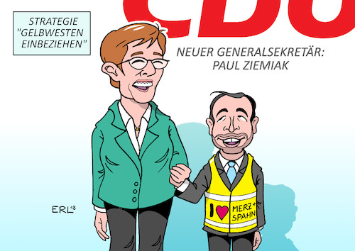 Cartoon: AKK und Gelbwesten (medium) by Erl tagged politik,cdu,wahl,vorsitzende,annegret,kramp,karrenbauer,niederlage,friedrich,merz,jens,spahn,spaltung,lager,einbeziehung,integration,ernennung,paul,ziemiak,generalsekretär,konservativ,männlich,außenpolitik,frankreich,protest,gelbwesten,sparpolitik,präsident,macron,karikatur,erl,politik,cdu,wahl,vorsitzende,annegret,kramp,karrenbauer,niederlage,friedrich,merz,jens,spahn,spaltung,lager,einbeziehung,integration,ernennung,paul,ziemiak,generalsekretär,konservativ,männlich,außenpolitik,frankreich,protest,gelbwesten,sparpolitik,präsident,macron,karikatur,erl