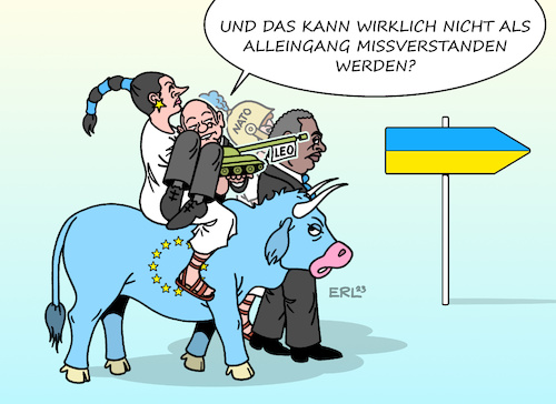 Cartoon: Alleingang (medium) by Erl tagged politik,krieg,angriff,überfall,wladimir,putin,russland,ukraine,hilfe,unterstützung,usa,eu,nato,bundeskanzler,olaf,scholz,waffenlieferung,kampfpanzer,leopard,angst,alleingang,us,außenminister,lloyd,austin,europa,stier,karikatur,erl,politik,krieg,angriff,überfall,wladimir,putin,russland,ukraine,hilfe,unterstützung,usa,eu,nato,bundeskanzler,olaf,scholz,waffenlieferung,kampfpanzer,leopard,angst,alleingang,us,außenminister,lloyd,austin,europa,stier,karikatur,erl