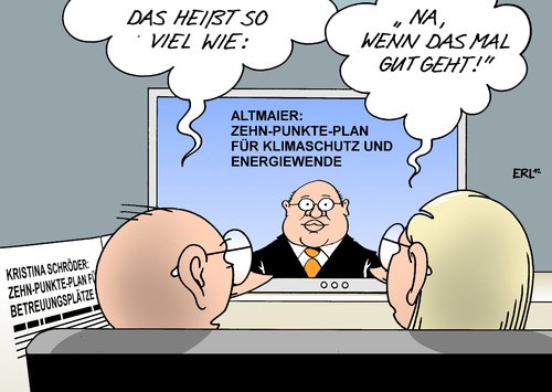 Cartoon: Altmaier und Schröder (medium) by Erl tagged familienministerin,kristina,schröder,kitaplatz,betreuungsplatz,ausbau,rechtsanspruch,2013,betreuungsgeld,zehn,punkte,plan,bundesumweltminister,umweltminister,peter,altmaier,energiewende,klimaschutz,klimawandel,familienministerin,kristina schröder,kitaplatz,kita,betreuungsgeld,familie,kristina,schröder