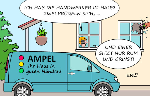 Cartoon: Ampel (medium) by Erl tagged politik,regierung,ampel,spd,grüne,fdp,streit,heizungsgesetz,kindergrundsicherung,elterngeld,haushalt,handwerker,arbeit,haus,reparatur,karikatur,erl,politik,regierung,ampel,spd,grüne,fdp,streit,heizungsgesetz,kindergrundsicherung,elterngeld,haushalt,handwerker,arbeit,haus,reparatur,karikatur,erl