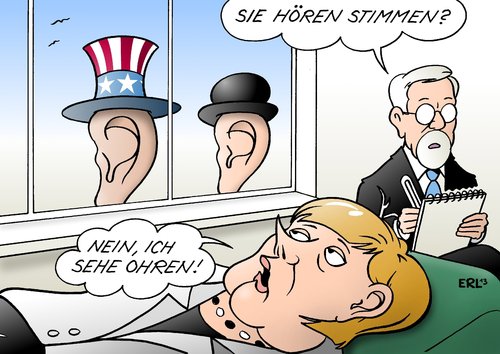 Cartoon: Analyse (medium) by Erl tagged lauschen,abhören,geheimdienst,großbritannien,gchq,usa,nsa,spähaffäre,abhörskandal,botschaft,berlin,bundeskanzlerin,angela,merkel,analyse,psychoanalyse,stimmen,hören,ohren,sehen,psychoanalytiker,nsa,usa,gb,geheimdienst,abhören,merkel