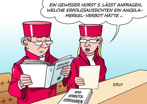 Cartoon: Anfrage in Karlsruhe (medium) by Erl tagged npd,partei,rechtsextremismus,bundesverfassungsgericht,karlsruhe,verbot,verfahren,verfassungsfeindlich,nähe,grundgesetz,anfrage,verfassungsklage,csu,horst,seehofer,flüchtlingspolitik,bundeskanzlerin,angela,merkel,karikatur,erl,npd,partei,rechtsextremismus,bundesverfassungsgericht,karlsruhe,verbot,verfahren,verfassungsfeindlich,nähe,grundgesetz,anfrage,verfassungsklage,csu,horst,seehofer,flüchtlingspolitik,bundeskanzlerin,angela,merkel,karikatur,erl