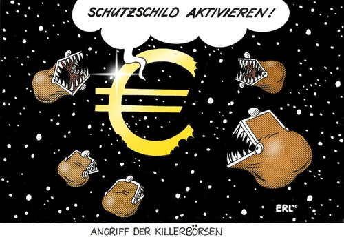 Cartoon: Angriff der Killerbörsen (medium) by Erl tagged euro,spekulation,spekulanten,angriff,währungsunion,euroraum,schutzschild,killer,börse,euro,spekulation,spekulanten,angriff,währungsunion,euroraum,schutzschild,killer,börse,währung