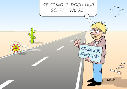 Cartoon: Anhalter (medium) by Erl tagged politik,corona,pandemie,covid19,virus,kontaktsperre,ausgangsbeschränkung,schließung,schulen,kiindergärten,kitas,geschäfte,sehnsuch,normalität,kleine,schritte,lockerung,schrittweise,anhalter,wüste,karikatur,erl,politik,corona,pandemie,covid19,virus,kontaktsperre,ausgangsbeschränkung,schließung,schulen,kiindergärten,kitas,geschäfte,sehnsuch,normalität,kleine,schritte,lockerung,schrittweise,anhalter,wüste,karikatur,erl