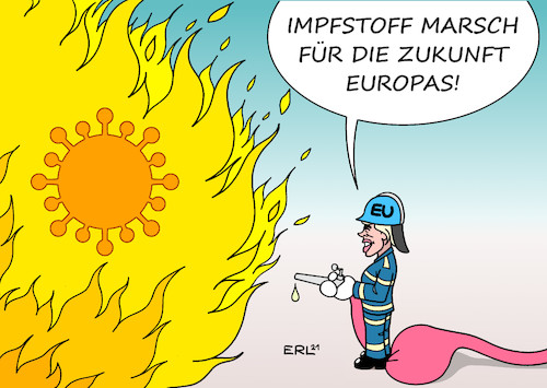 Cartoon: Ankündigungseuropameisterin (medium) by Erl tagged politik,corona,virus,pandemie,covid19,lockdown,hoffnung,impfstoff,impfung,verträge,eu,hersteller,lieferung,verzögerung,menge,streit,ärger,organisation,kommission,präsidentin,kommissionspräsidentin,ursula,von,der,leyen,ankündigung,plan,theorie,praxis,umsetzung,feuer,feuerwehr,schlauch,stehen,karikatur,erl,politik,corona,virus,pandemie,covid19,lockdown,hoffnung,impfstoff,impfung,verträge,eu,hersteller,lieferung,verzögerung,menge,streit,ärger,organisation,kommission,präsidentin,kommissionspräsidentin,ursula,von,der,leyen,ankündigung,plan,theorie,praxis,umsetzung,feuer,feuerwehr,schlauch,stehen,karikatur,erl