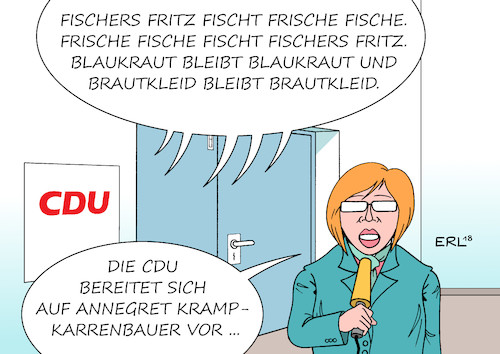 Cartoon: Annegret Kramp-Karrenbauer (medium) by Erl tagged politik,partei,cdu,generalsekretär,peter,tauber,rücktritt,generalsekretärin,annegret,kramp,karrenbauer,ministerpräsidentin,saarland,hoffnungsträgerin,zukunft,nachfolgerin,angela,merkel,bundeskanzlerin,verjüngung,erneuerung,name,zungenbrecher,karikatur,erl,politik,partei,cdu,generalsekretär,peter,tauber,rücktritt,generalsekretärin,annegret,kramp,karrenbauer,ministerpräsidentin,saarland,hoffnungsträgerin,zukunft,nachfolgerin,angela,merkel,bundeskanzlerin,verjüngung,erneuerung,name,zungenbrecher,karikatur,erl