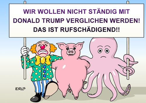 Cartoon: Anti-Trump-Protest (medium) by Erl tagged präsidentin,präsident,wahl,usa,präsidentschaft,wahlkampf,schlammschlacht,kandidat,republikaner,donald,trump,rechtspopulismus,sexismus,niveau,unterirdisch,vergleich,clown,schwein,krake,protest,ruf,rufschädigung,karikatur,erl,donald,trump